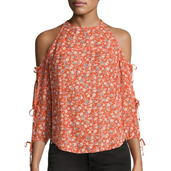 Veronica Beard Flynn Cold-Shoulder Floral Silk Blouse Red (22) - Picture 1 of 8